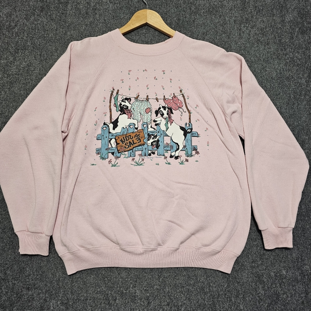 Vintage 90s Hanes Kids For Sale Goat Funny Pink Crewneck Sweater XL USA Made - Picture 5 of 16